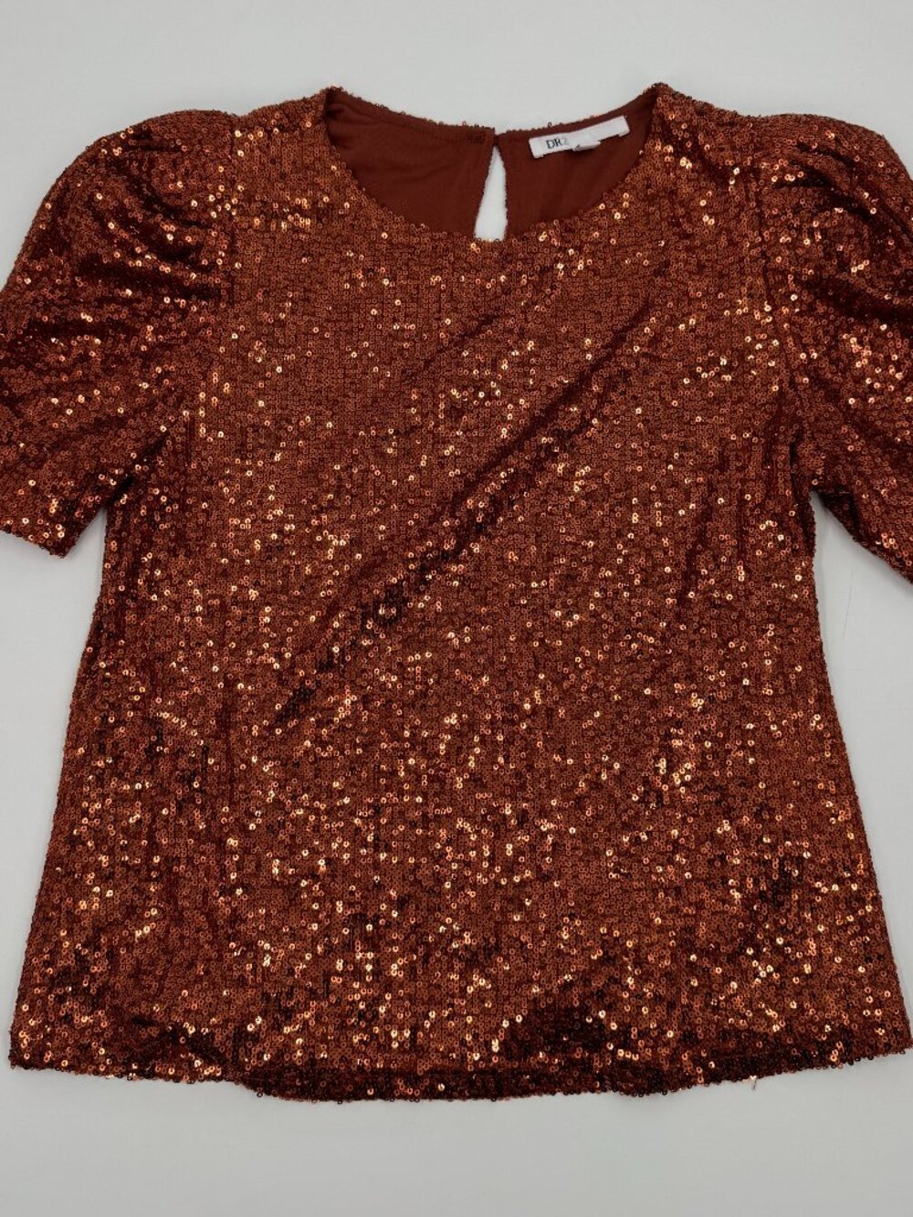 DR2 Sequin Puff Sleeve Top Womens Small Copper Bronze Shimmer Keyhole Blouse